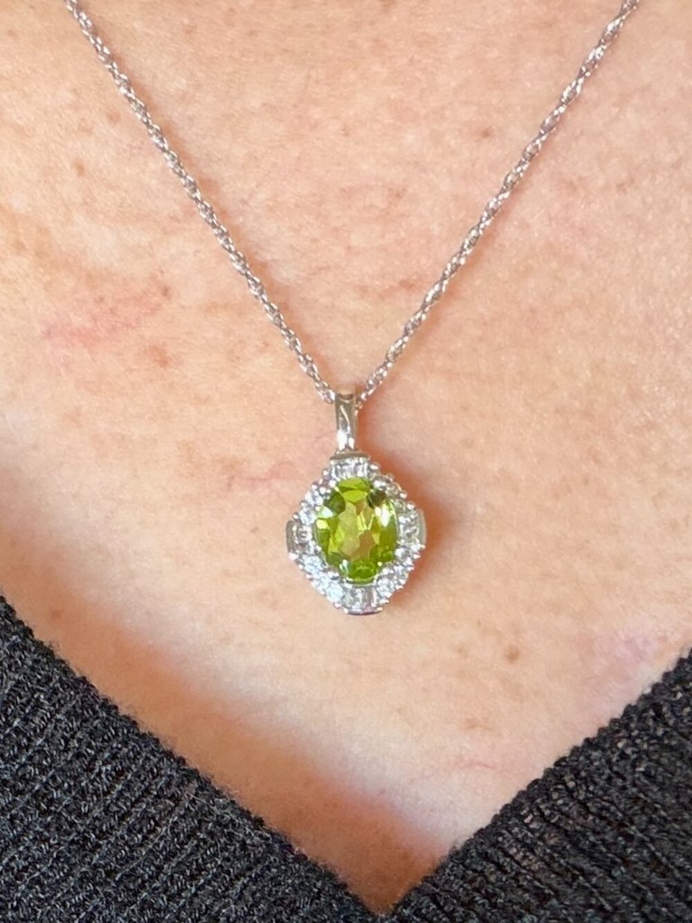 Sterling Silver Peridot & Diamond Halo Pendant Italian 925 P✶M